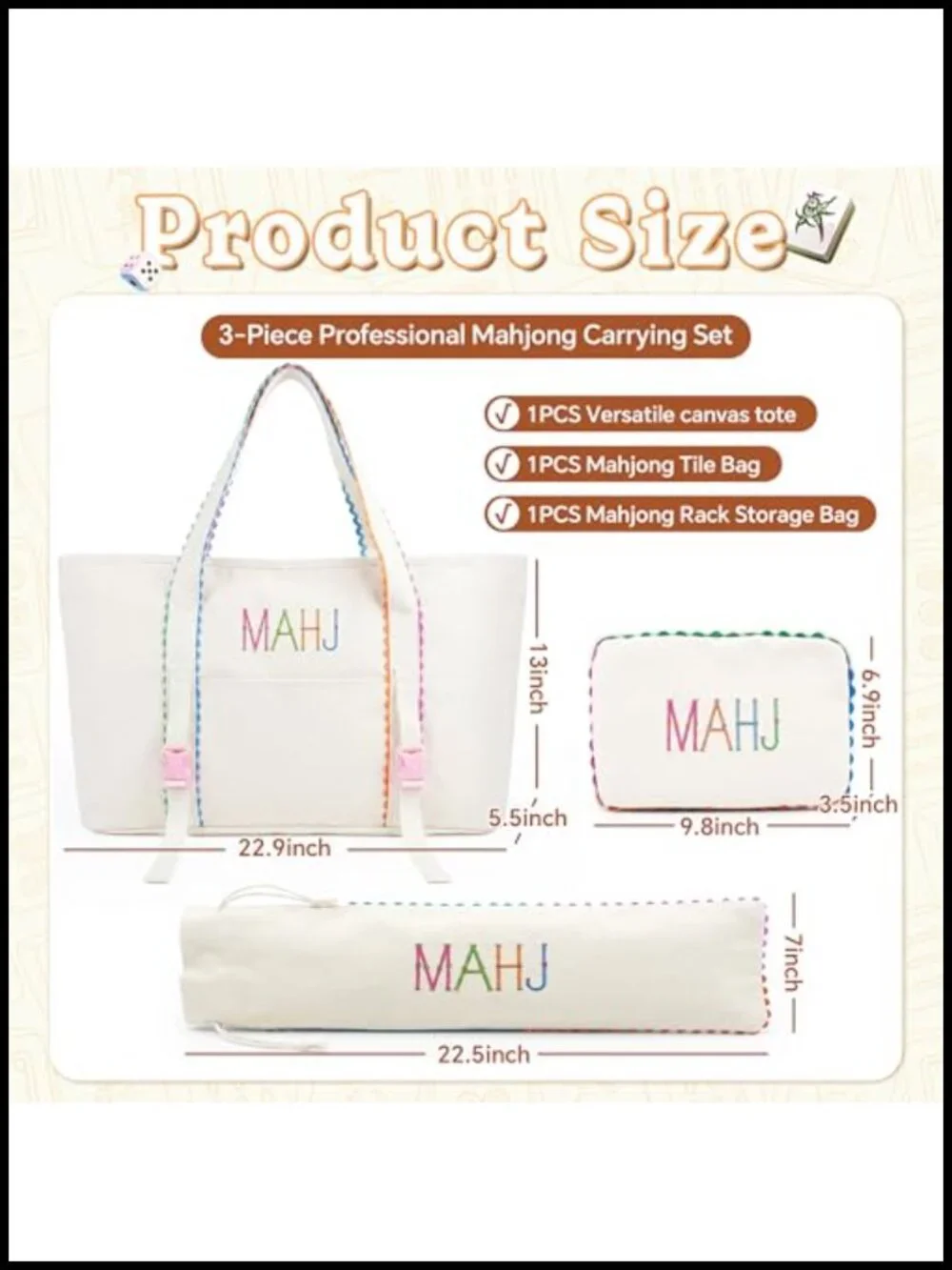 Mahjong Bag Set 3-Piece Canvas Tote w/ Mat Holder, Tile Pouch & Rack Sleeve